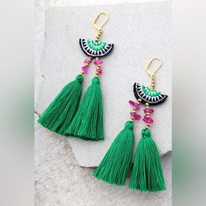 Shashi Delaney Green Tassel Earrings Boho Statement